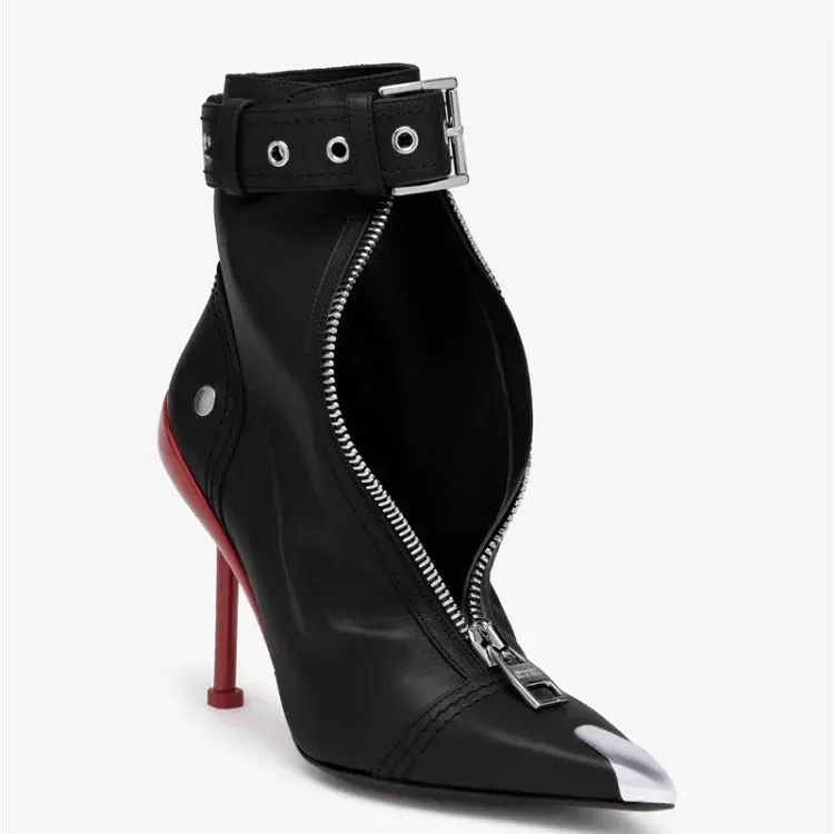 Handmade Women's Red High-Heeled Ankle Boots with Belt Buckle, Front Zipper, Pointed Toe, and Metallic Accent