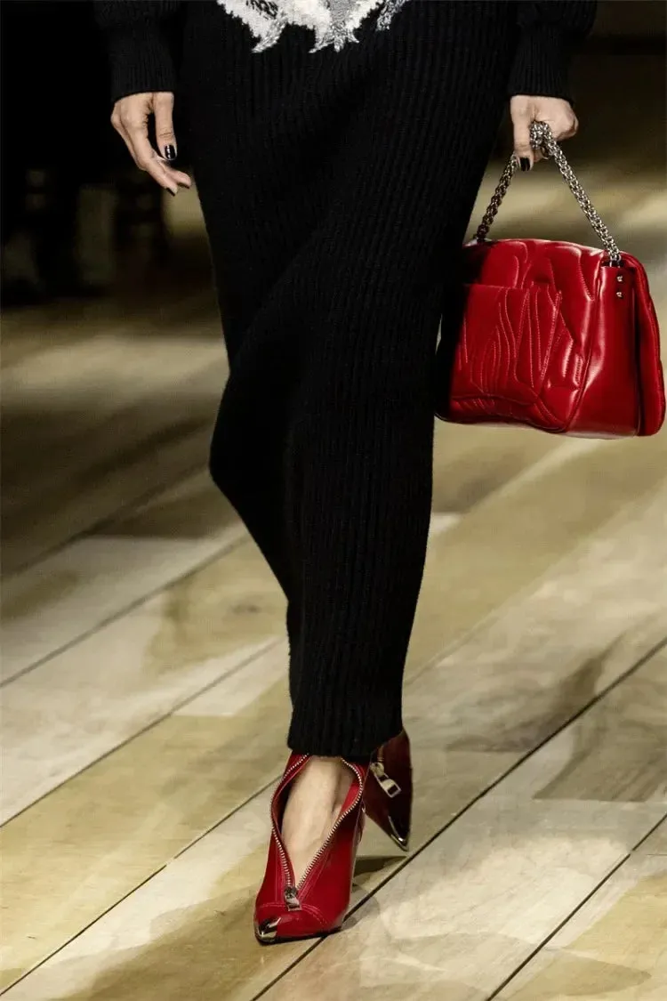 Handmade Women's Red High-Heeled Ankle Boots with Belt Buckle, Front Zipper, Pointed Toe, and Metallic Accent