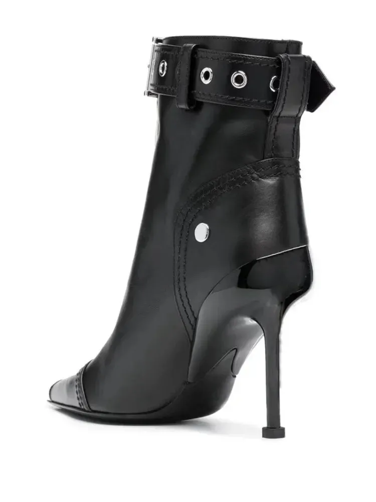 Handmade Women's Red High-Heeled Ankle Boots with Belt Buckle, Front Zipper, Pointed Toe, and Metallic Accent