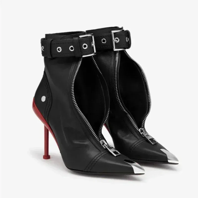 Handmade Women's Red High-Heeled Ankle Boots with Belt Buckle, Front Zipper, Pointed Toe, and Metallic Accent