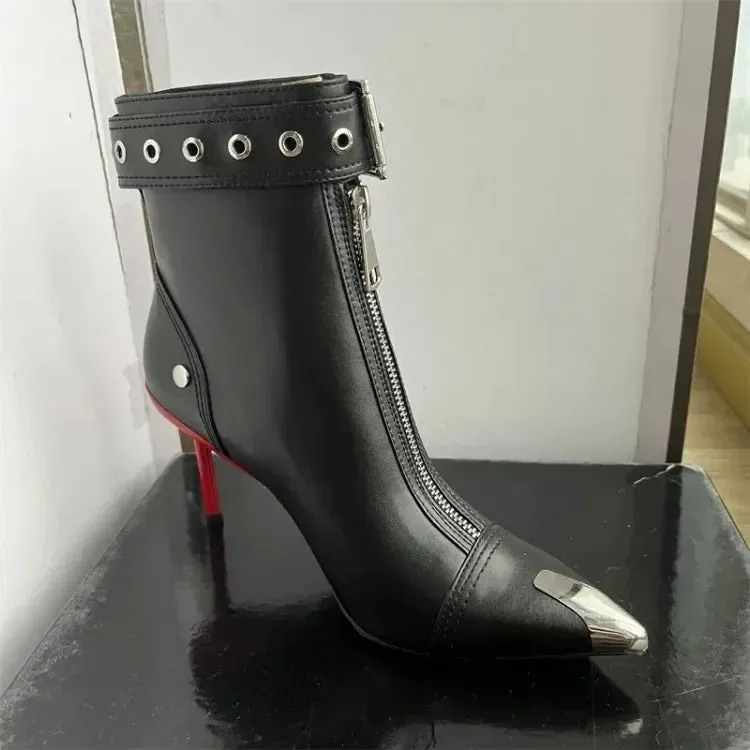 Handmade Women's Red High-Heeled Ankle Boots with Belt Buckle, Front Zipper, Pointed Toe, and Metallic Accent