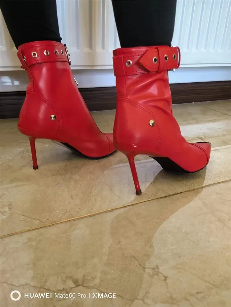 Handmade Women's Red High-Heeled Ankle Boots with Belt Buckle, Front Zipper, Pointed Toe, and Metallic Accent