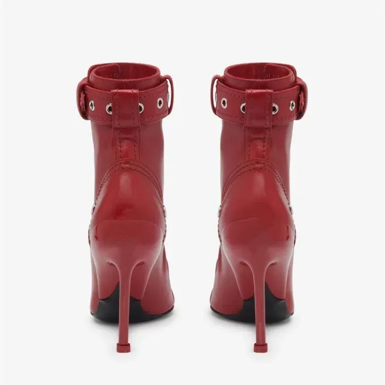 Handmade Women's Red High-Heeled Ankle Boots with Belt Buckle, Front Zipper, Pointed Toe, and Metallic Accent