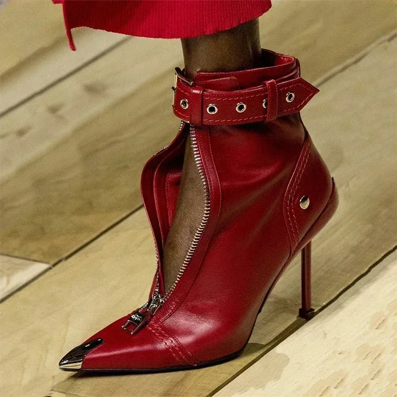 Handmade Women's Red High-Heeled Ankle Boots with Belt Buckle, Front Zipper, Pointed Toe, and Metallic Accent