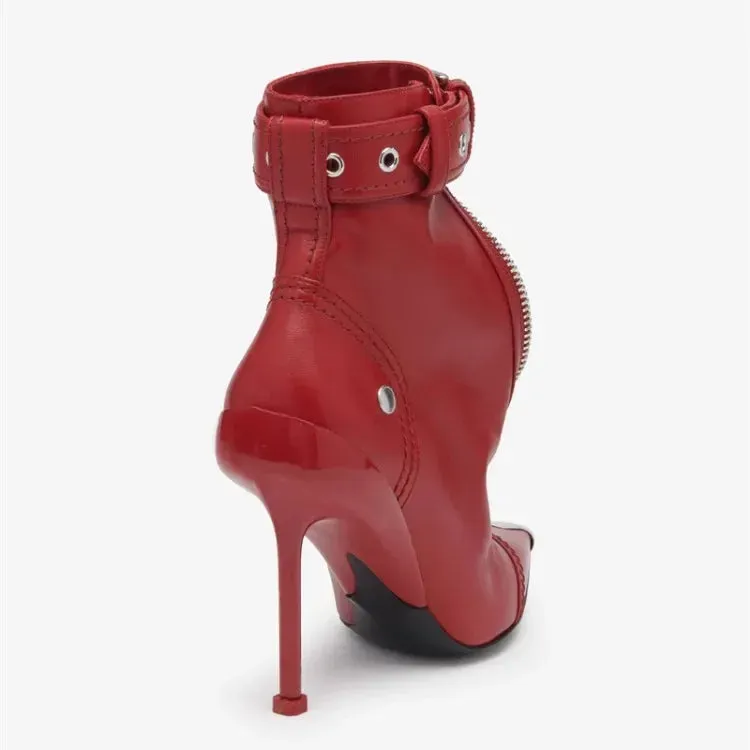 Handmade Women's Red High-Heeled Ankle Boots with Belt Buckle, Front Zipper, Pointed Toe, and Metallic Accent