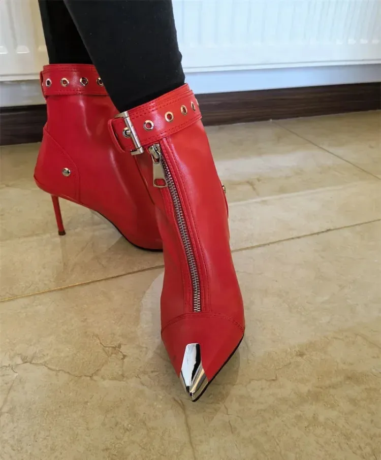 Handmade Women's Red High-Heeled Ankle Boots with Belt Buckle, Front Zipper, Pointed Toe, and Metallic Accent