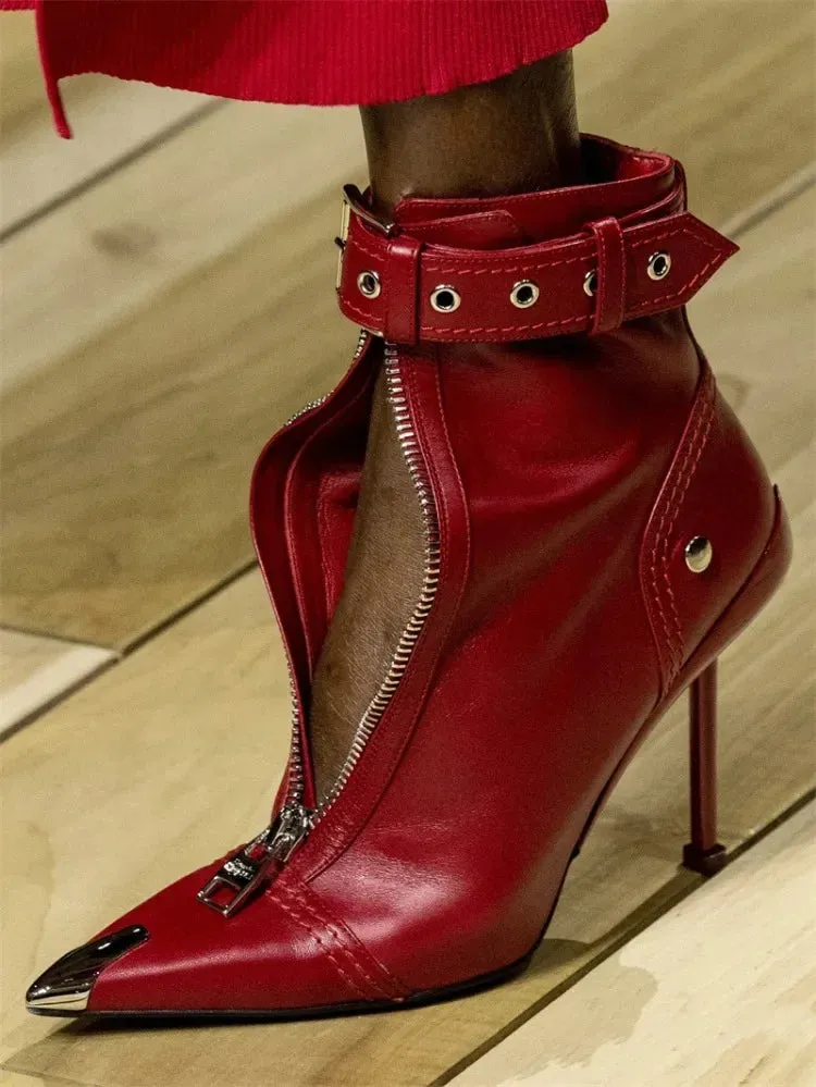 Handmade Women's Red High-Heeled Ankle Boots with Belt Buckle, Front Zipper, Pointed Toe, and Metallic Accent