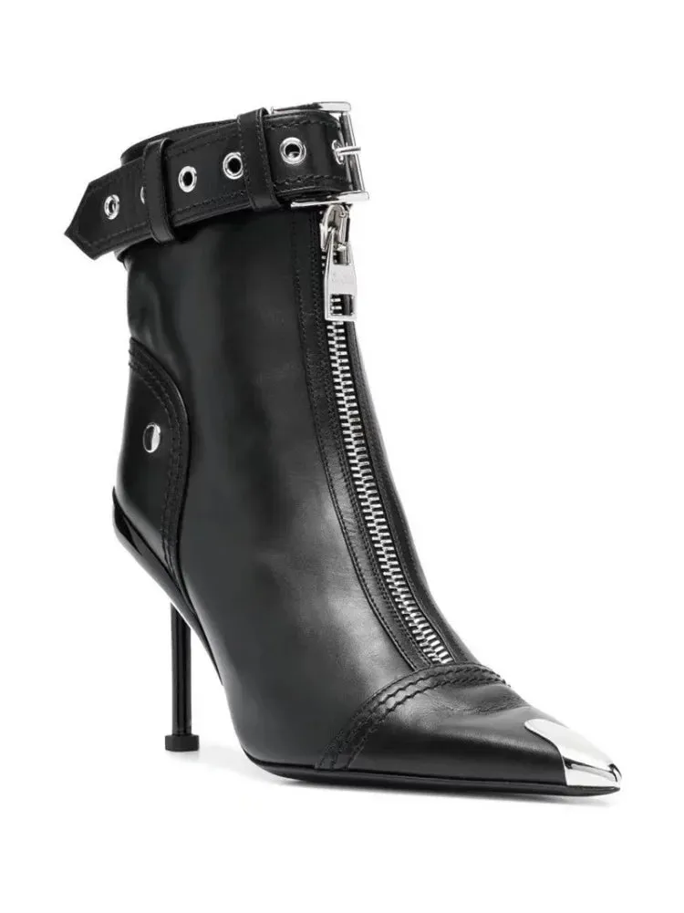 Handmade Women's Red High-Heeled Ankle Boots with Belt Buckle, Front Zipper, Pointed Toe, and Metallic Accent
