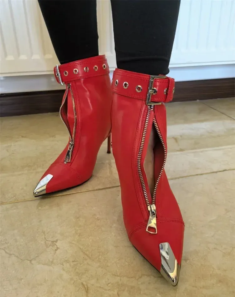 Handmade Women's Red High-Heeled Ankle Boots with Belt Buckle, Front Zipper, Pointed Toe, and Metallic Accent