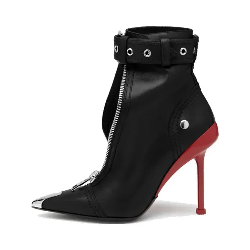 Handmade Women's Red High-Heeled Ankle Boots with Belt Buckle, Front Zipper, Pointed Toe, and Metallic Accent