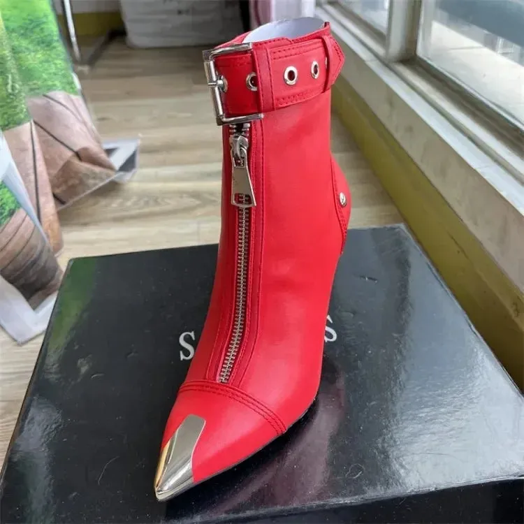 Handmade Women's Red High-Heeled Ankle Boots with Belt Buckle, Front Zipper, Pointed Toe, and Metallic Accent