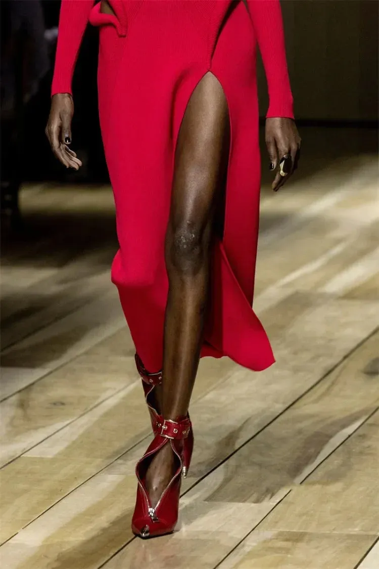 Handmade Women's Red High-Heeled Ankle Boots with Belt Buckle, Front Zipper, Pointed Toe, and Metallic Accent