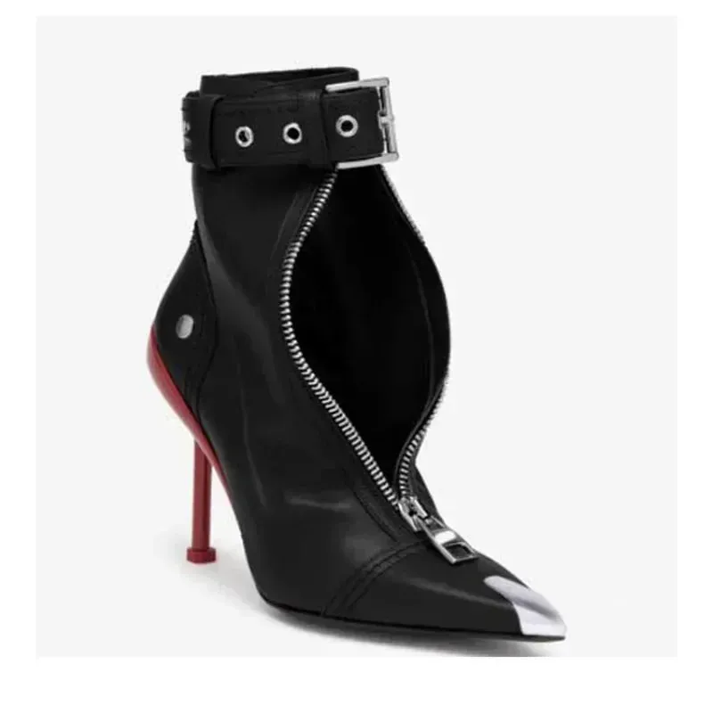 Handmade Women's Red High-Heeled Ankle Boots with Belt Buckle, Front Zipper, Pointed Toe, and Metallic Accent