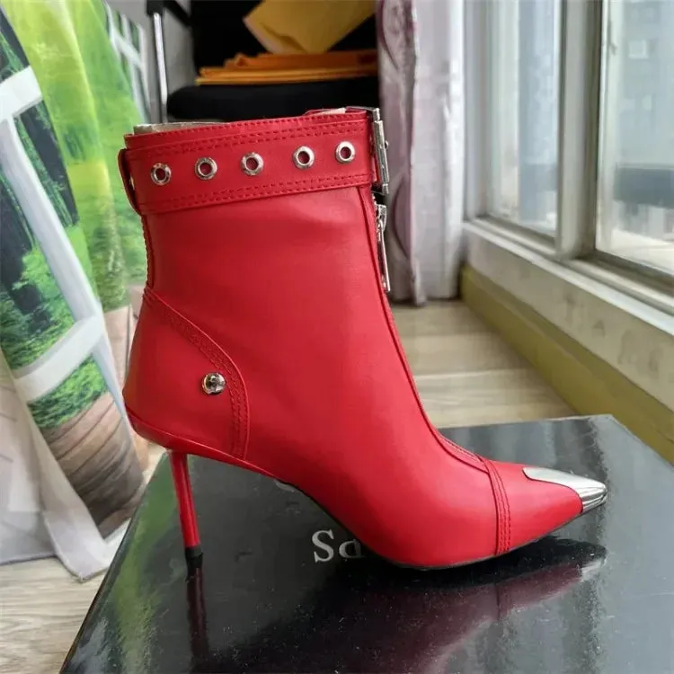 Handmade Women's Red High-Heeled Ankle Boots with Belt Buckle, Front Zipper, Pointed Toe, and Metallic Accent