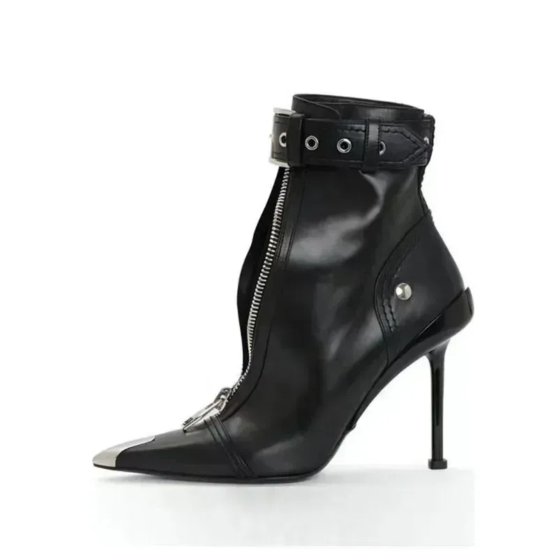 Handmade Women's Red High-Heeled Ankle Boots with Belt Buckle, Front Zipper, Pointed Toe, and Metallic Accent