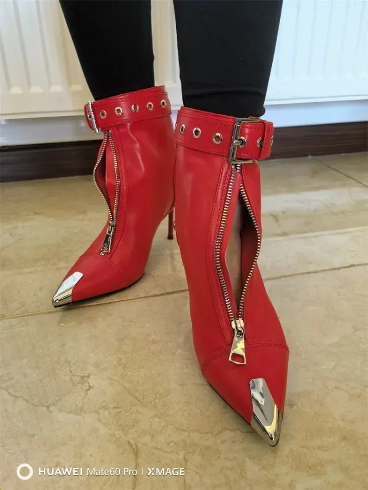 Handmade Women's Red High-Heeled Ankle Boots with Belt Buckle, Front Zipper, Pointed Toe, and Metallic Accent
