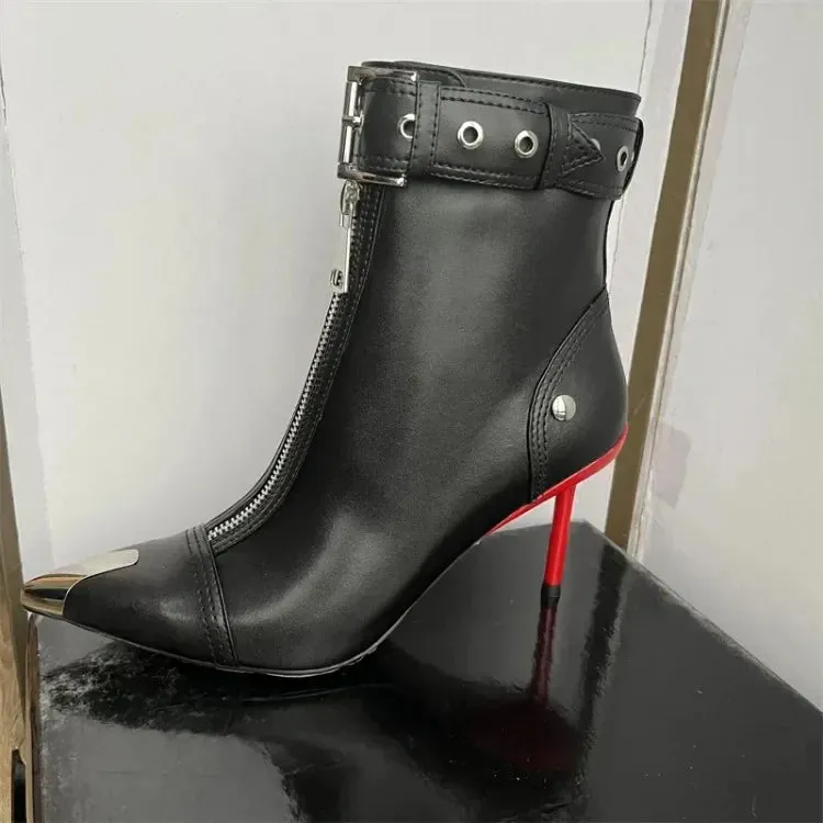 Handmade Women's Red High-Heeled Ankle Boots with Belt Buckle, Front Zipper, Pointed Toe, and Metallic Accent