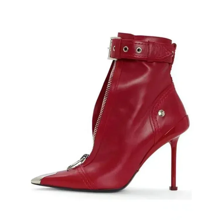 Handmade Women's Red High-Heeled Ankle Boots with Belt Buckle, Front Zipper, Pointed Toe, and Metallic Accent