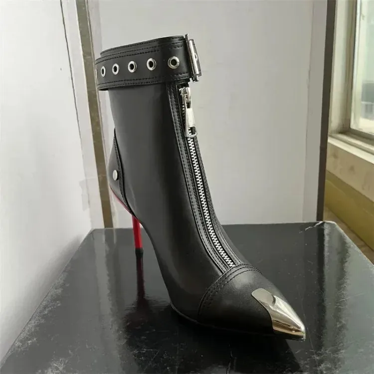 Handmade Women's Red High-Heeled Ankle Boots with Belt Buckle, Front Zipper, Pointed Toe, and Metallic Accent
