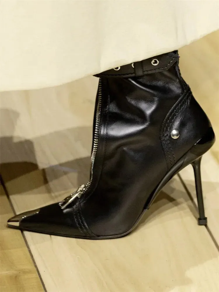 Handmade Women's Red High-Heeled Ankle Boots with Belt Buckle, Front Zipper, Pointed Toe, and Metallic Accent