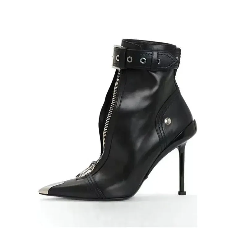 Handmade Women's Red High-Heeled Ankle Boots with Belt Buckle, Front Zipper, Pointed Toe, and Metallic Accent