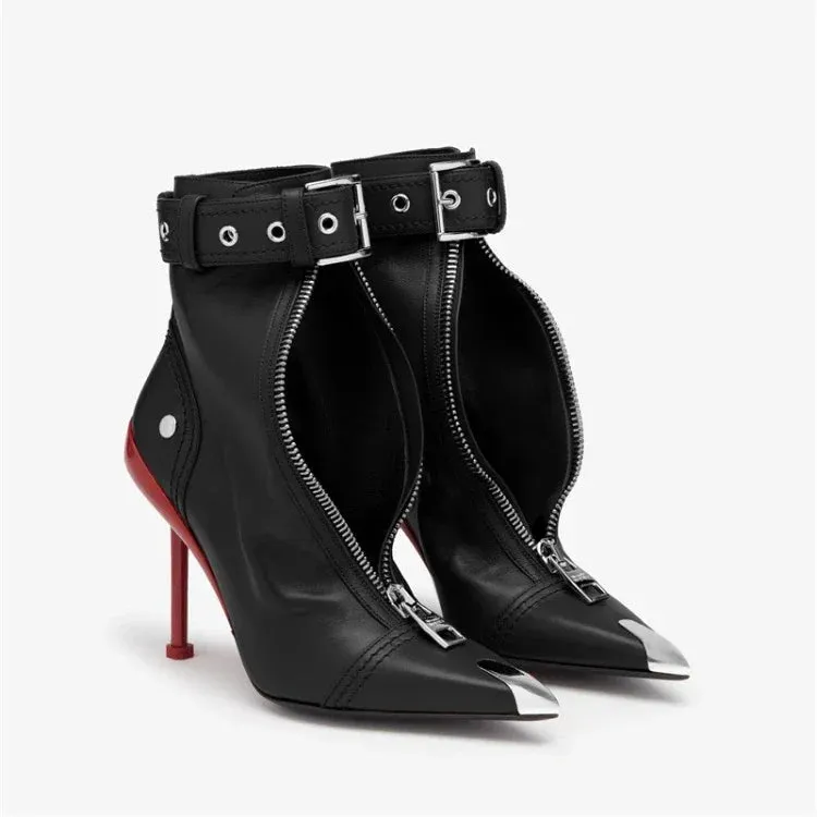 Handmade Women's Red High-Heeled Ankle Boots with Belt Buckle, Front Zipper, Pointed Toe, and Metallic Accent