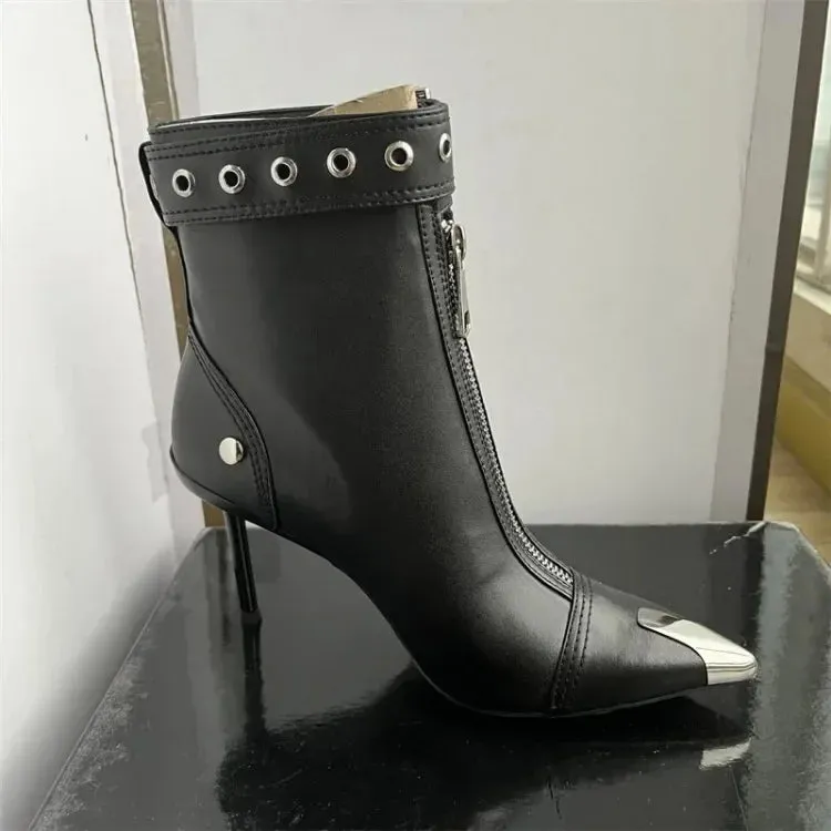 Handmade Women's Red High-Heeled Ankle Boots with Belt Buckle, Front Zipper, Pointed Toe, and Metallic Accent