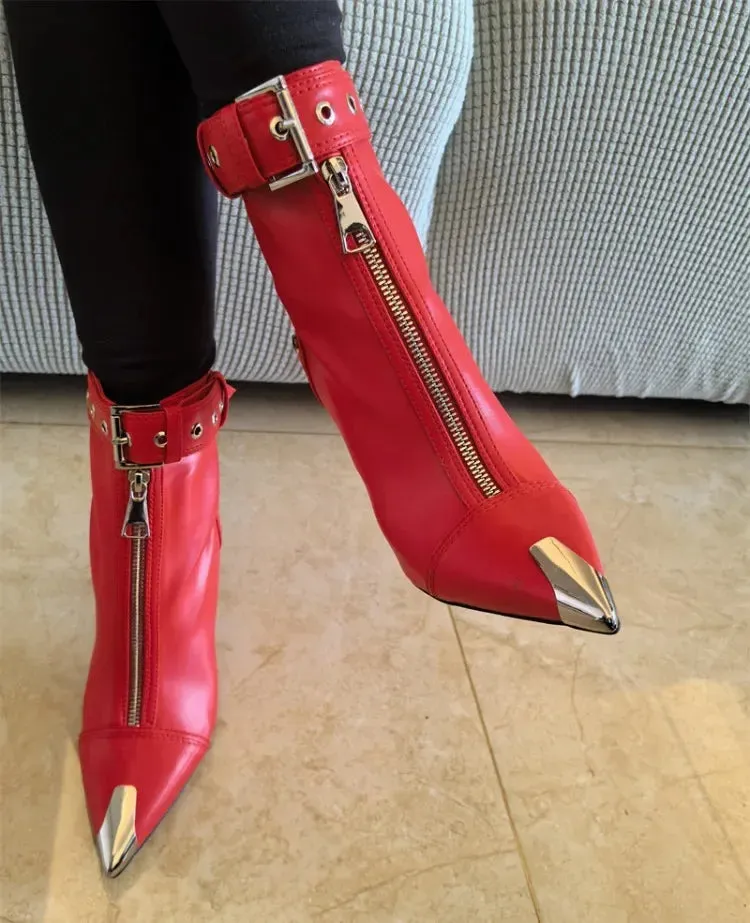 Handmade Women's Red High-Heeled Ankle Boots with Belt Buckle, Front Zipper, Pointed Toe, and Metallic Accent