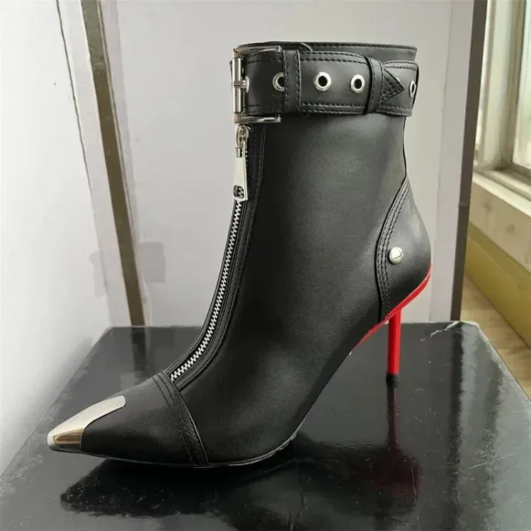 Handmade Women's Red High-Heeled Ankle Boots with Belt Buckle, Front Zipper, Pointed Toe, and Metallic Accent