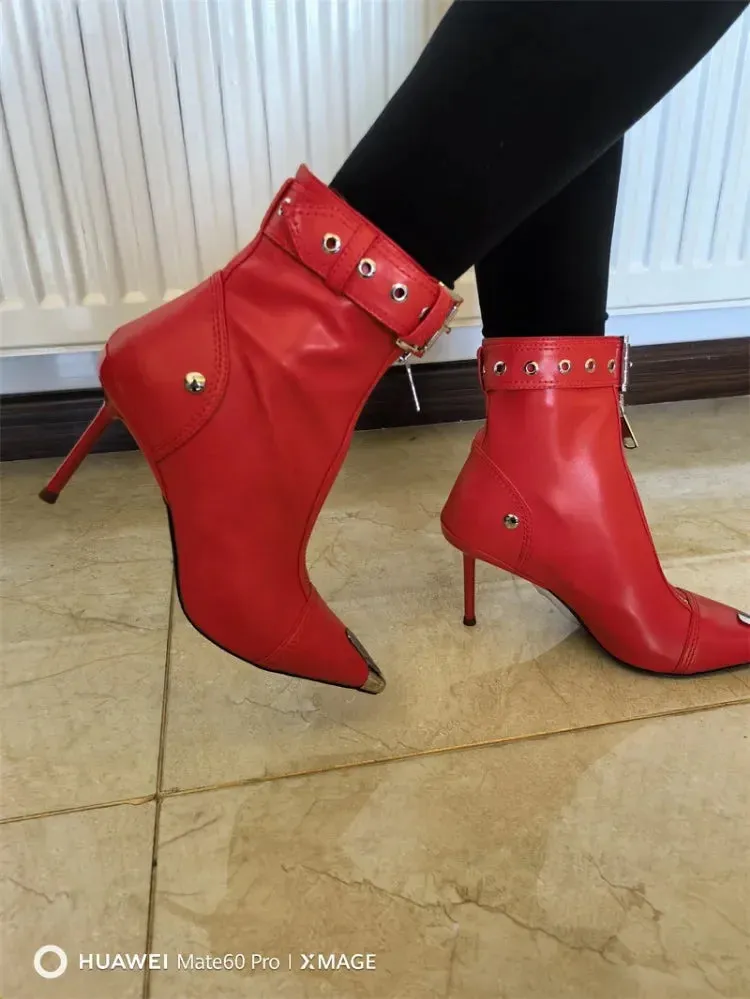 Handmade Women's Red High-Heeled Ankle Boots with Belt Buckle, Front Zipper, Pointed Toe, and Metallic Accent