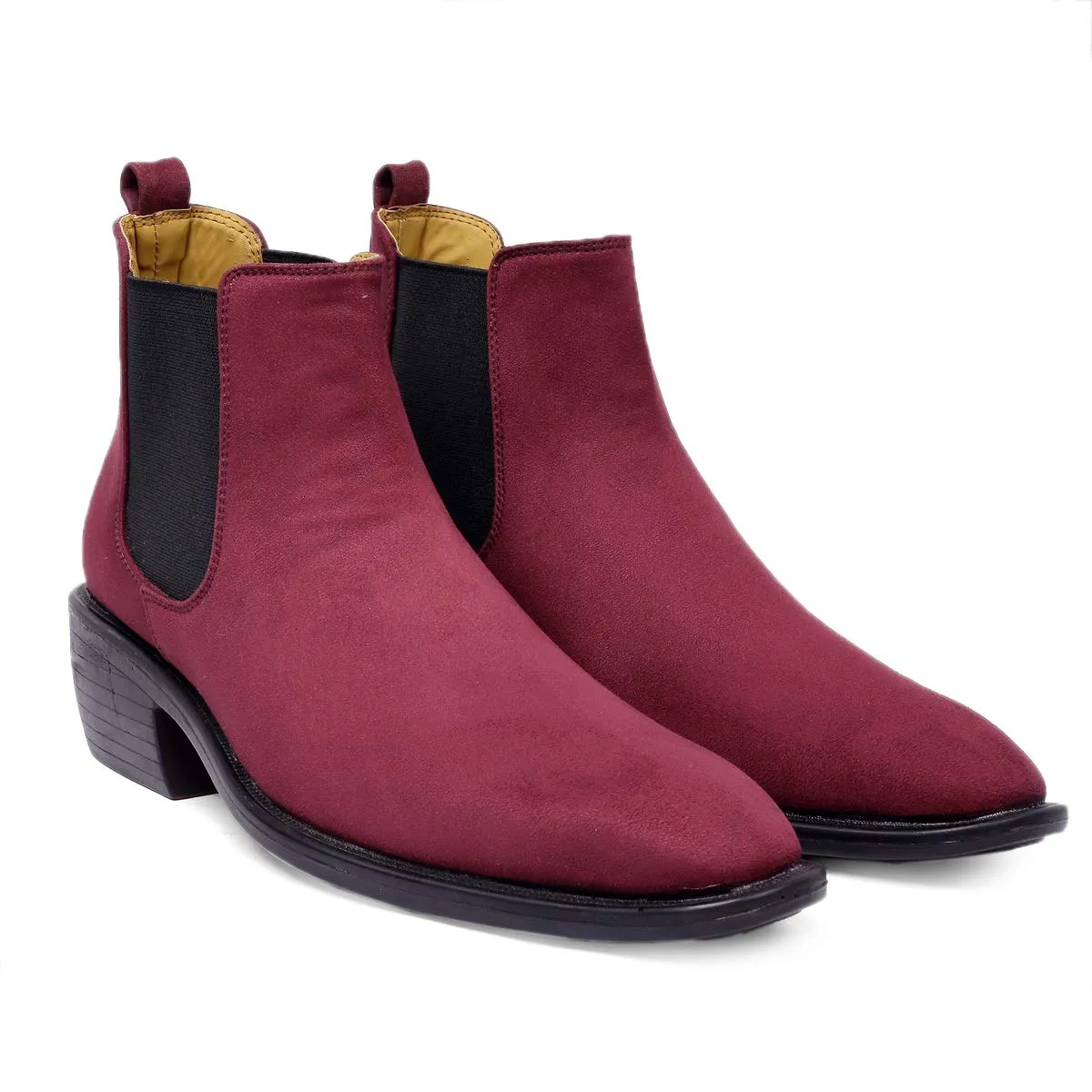 Height Increasing Suede Material Red Casual Chelsea Boots For Men-Unique and Classy