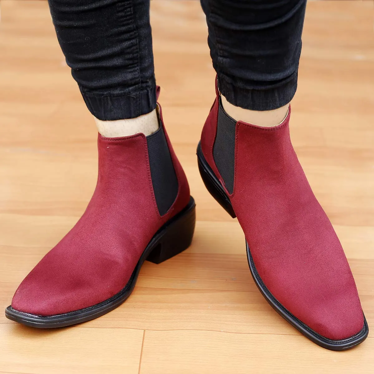 Height Increasing Suede Material Red Casual Chelsea Boots For Men-Unique and Classy