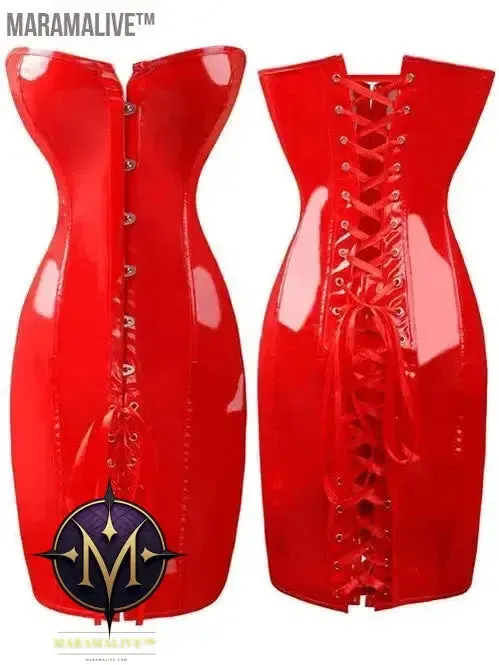 Hot Black/Red Long PVC Leather Corset Dress Sexy Women Gothic Waist Trainer Body Slim Club Vinyl Latex Mini Dress S-2XL