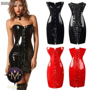Hot Black/Red Long PVC Leather Corset Dress Sexy Women Gothic Waist Trainer Body Slim Club Vinyl Latex Mini Dress S-2XL