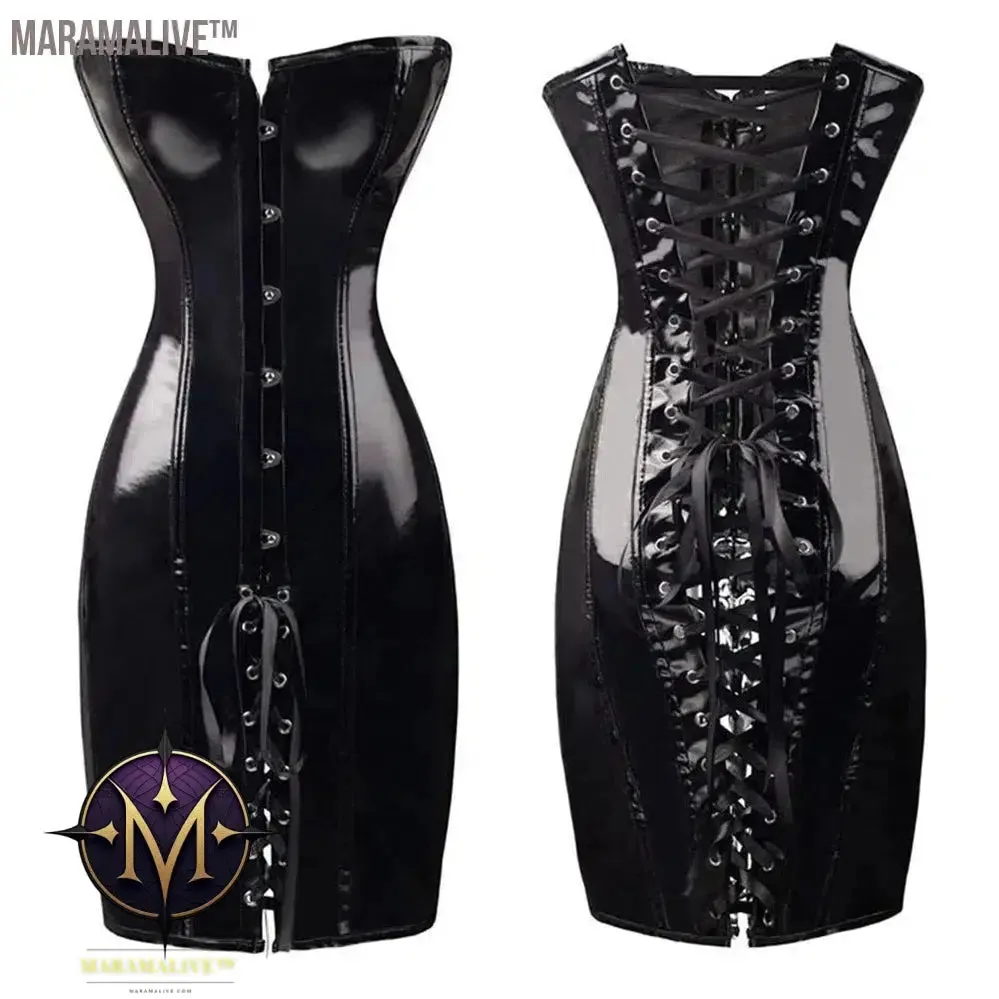 Hot Black/Red Long PVC Leather Corset Dress Sexy Women Gothic Waist Trainer Body Slim Club Vinyl Latex Mini Dress S-2XL