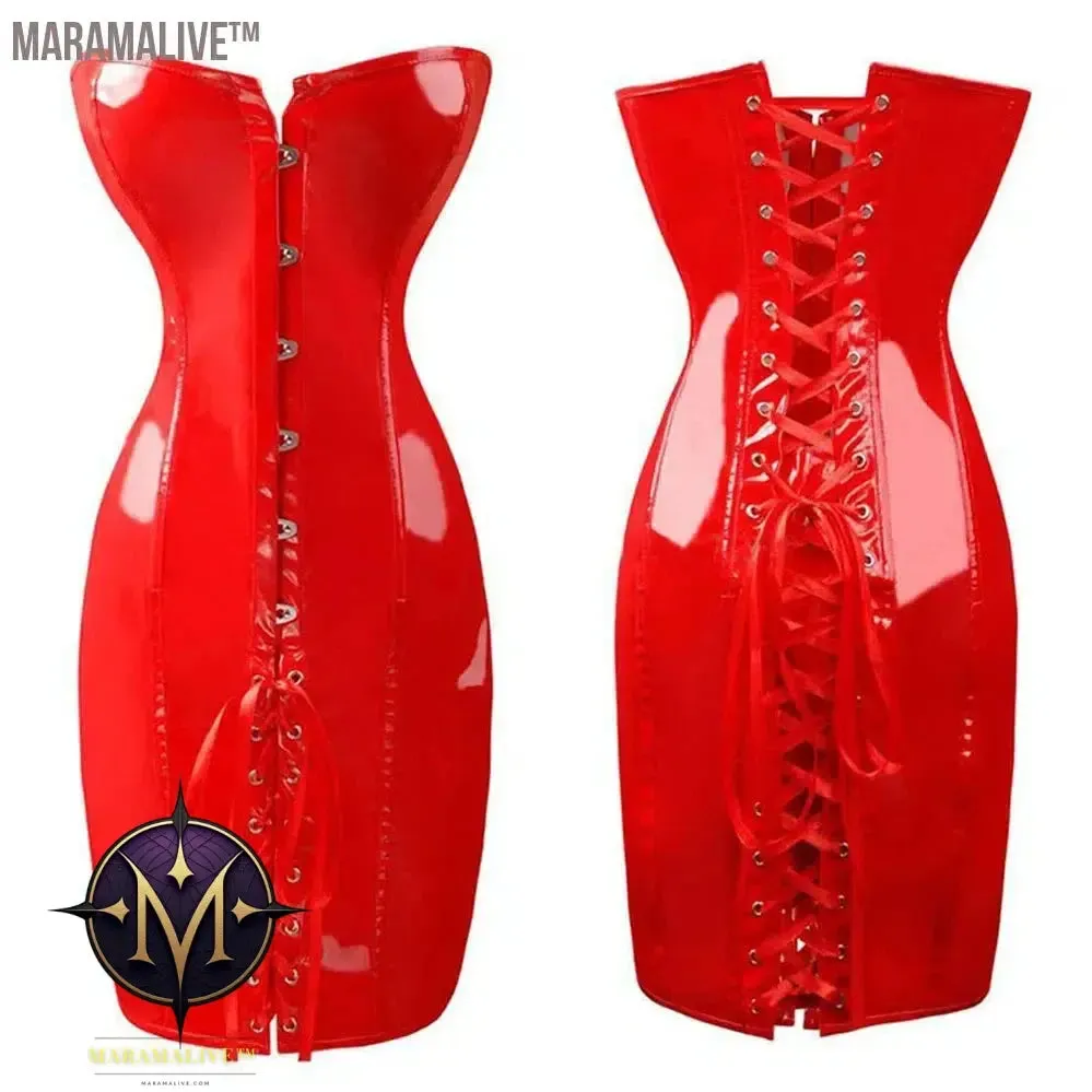 Hot Black/Red Long PVC Leather Corset Dress Sexy Women Gothic Waist Trainer Body Slim Club Vinyl Latex Mini Dress S-2XL