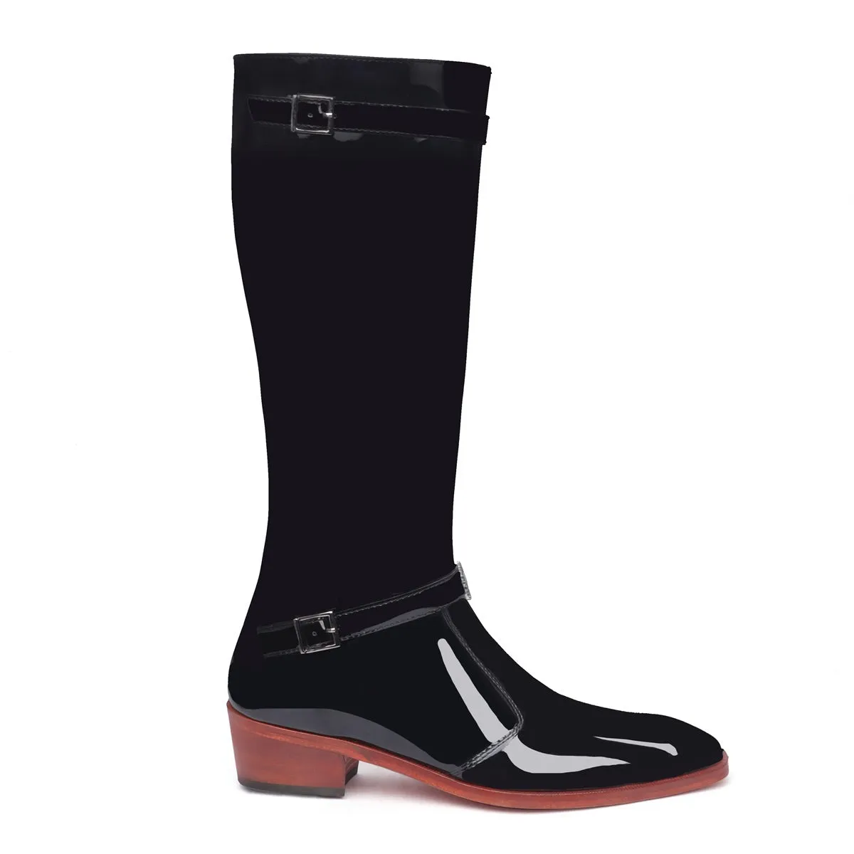 Knee Hight Cuban Heel Boots with Zip Closure Black Patent Leather For Men by Brune & Bareskin