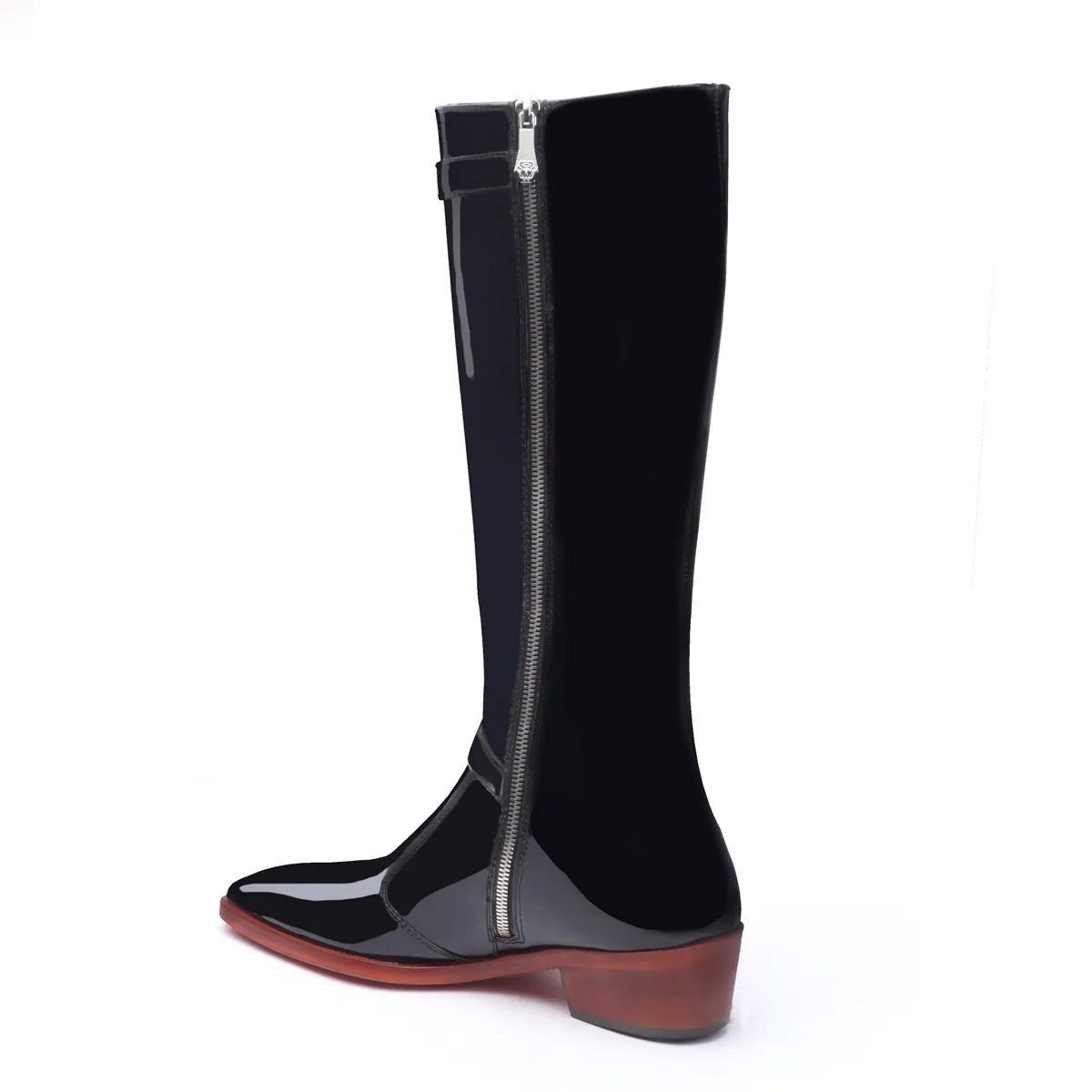Knee Hight Cuban Heel Boots with Zip Closure Black Patent Leather For Men by Brune & Bareskin