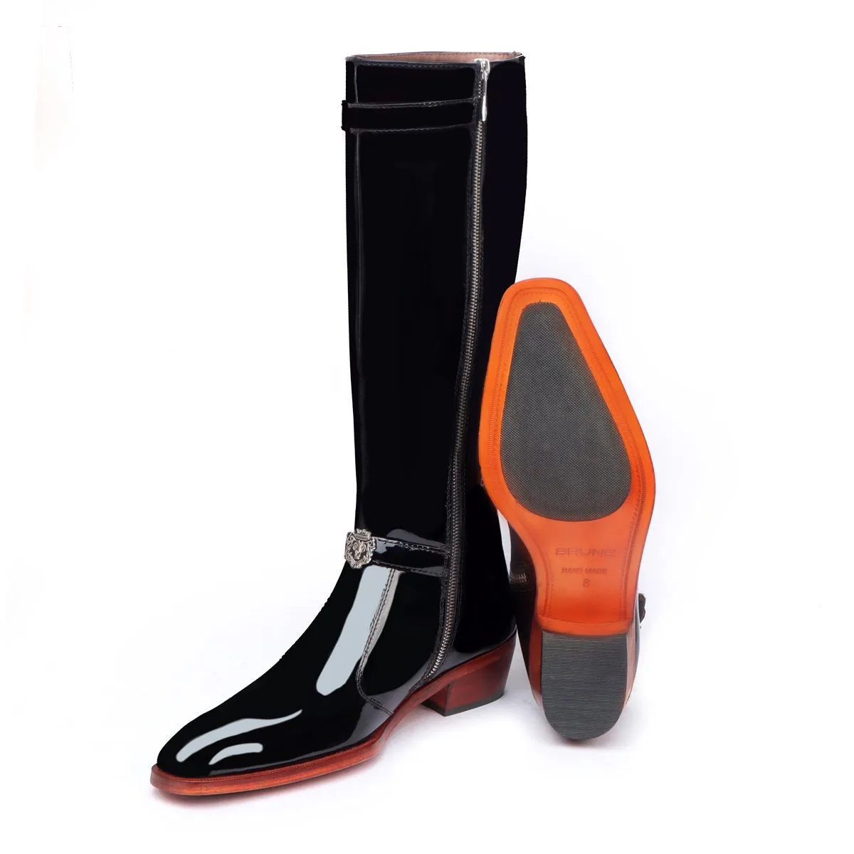 Knee Hight Cuban Heel Boots with Zip Closure Black Patent Leather For Men by Brune & Bareskin