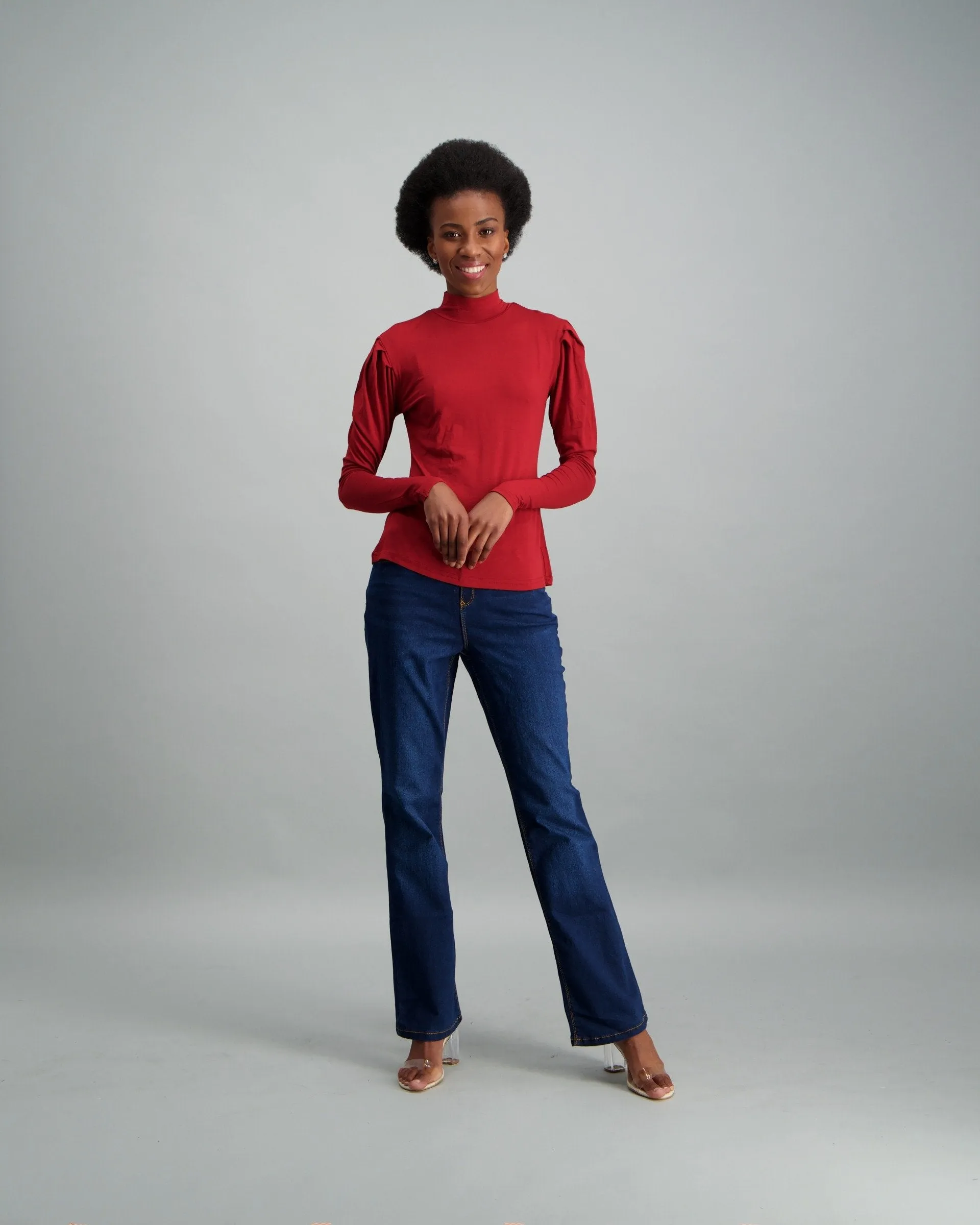 Ladies-Puff Sleeve Turtle Neck Top - Rust