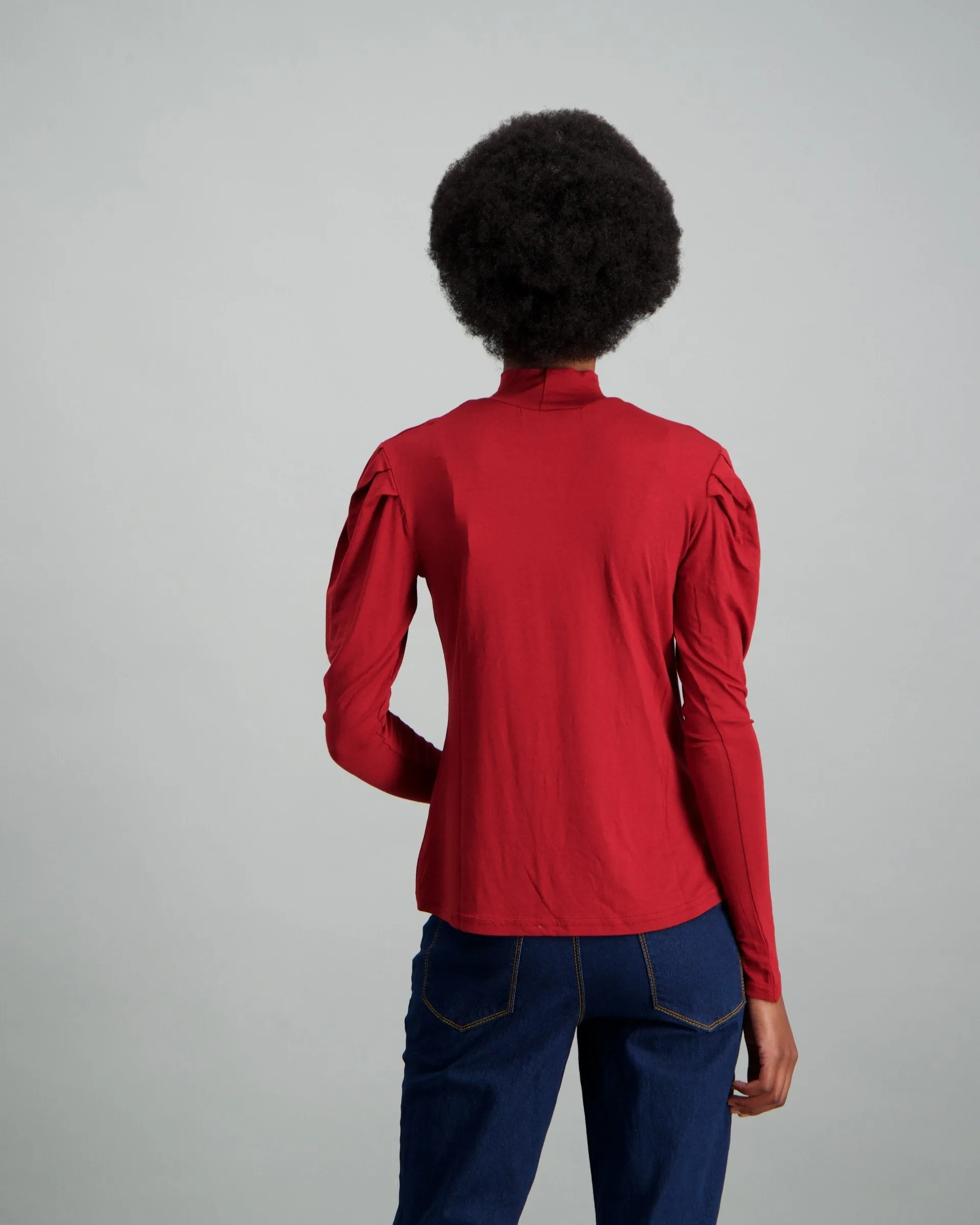 Ladies-Puff Sleeve Turtle Neck Top - Rust