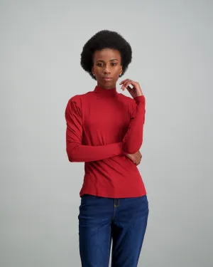 Ladies-Puff Sleeve Turtle Neck Top - Rust
