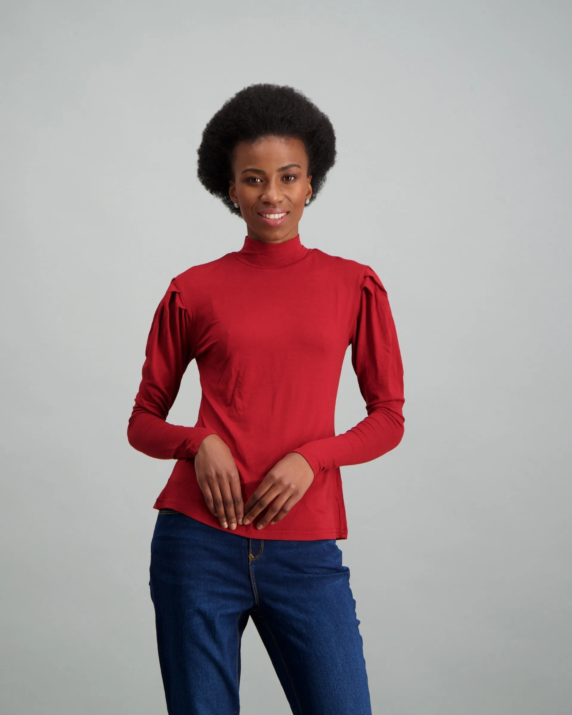 Ladies-Puff Sleeve Turtle Neck Top - Rust