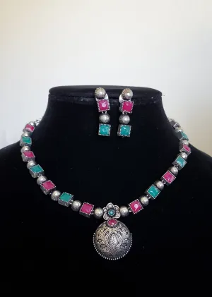 Madhavi I Trendy Necklace With Oxidised Plating HL34 Ruby Green