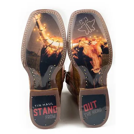 Men's Tin Haul Keep Out Boots With Longhorn Lights Out Sole Handcrafted Brown