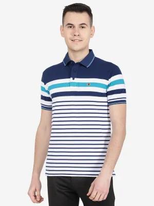 Navy Blue Striped Slim Fit Polo T-Shirt | Jadeblue