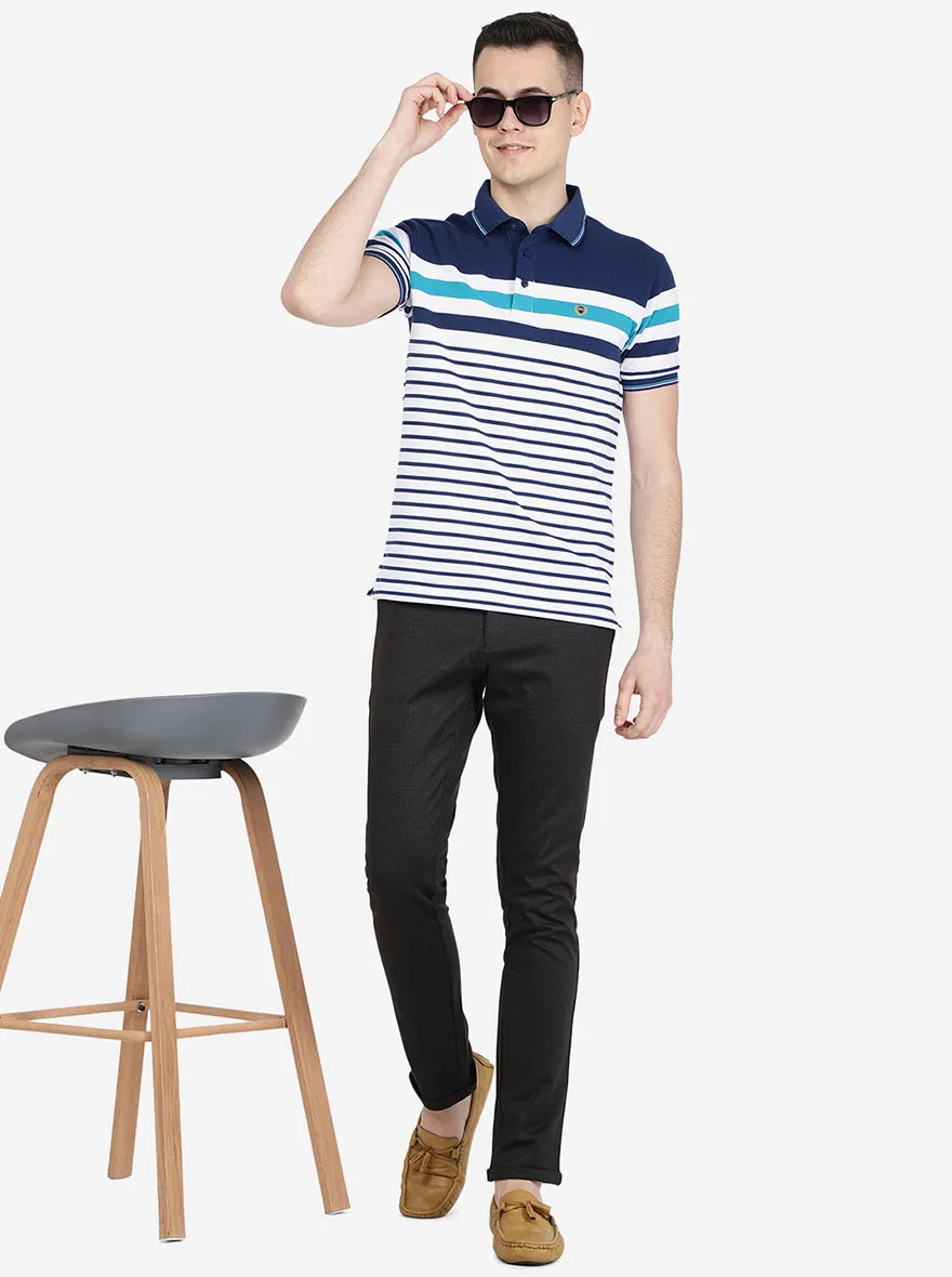 Navy Blue Striped Slim Fit Polo T-Shirt | Jadeblue