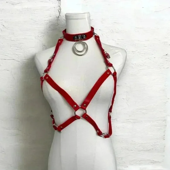 NEW RED STRAPPY BONDAGE CAGED TOP FAIX LEATHER OS GOTH PUNK