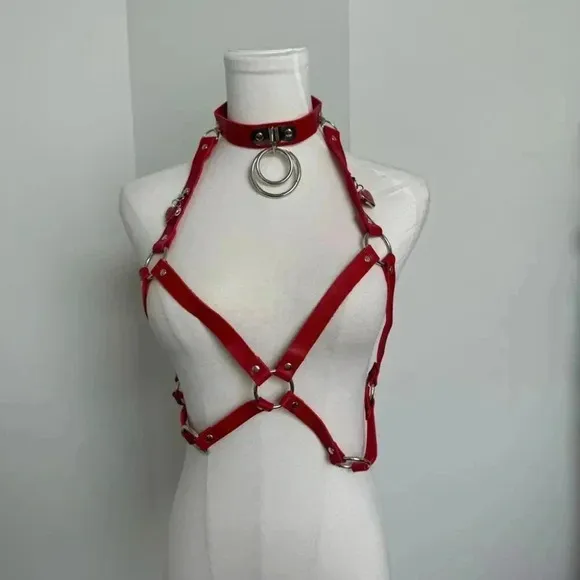 NEW RED STRAPPY BONDAGE CAGED TOP FAIX LEATHER OS GOTH PUNK