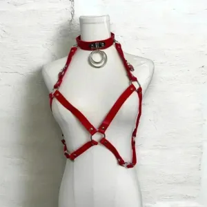 NEW RED STRAPPY BONDAGE CAGED TOP FAIX LEATHER OS GOTH PUNK